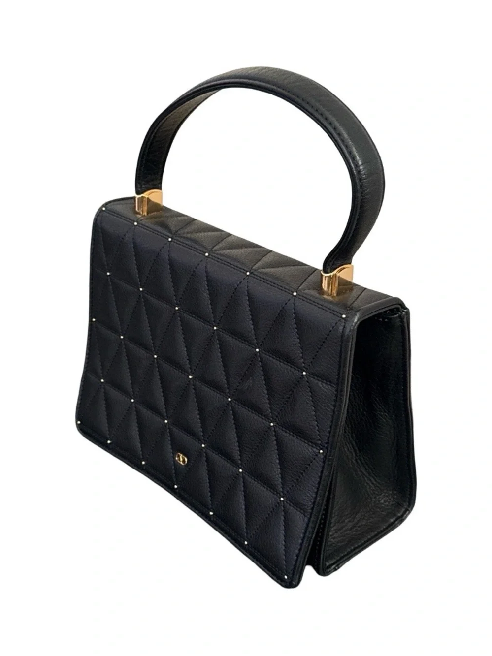 Vintage Valentino Garavani Black Calfskin Quilted Top Handle Handbag Gold Studs